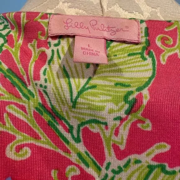 Lilly Pulitzer Silk Cotton Wrap Dress Tropical Pink Green Floral Size Large - Picture 3 of 5